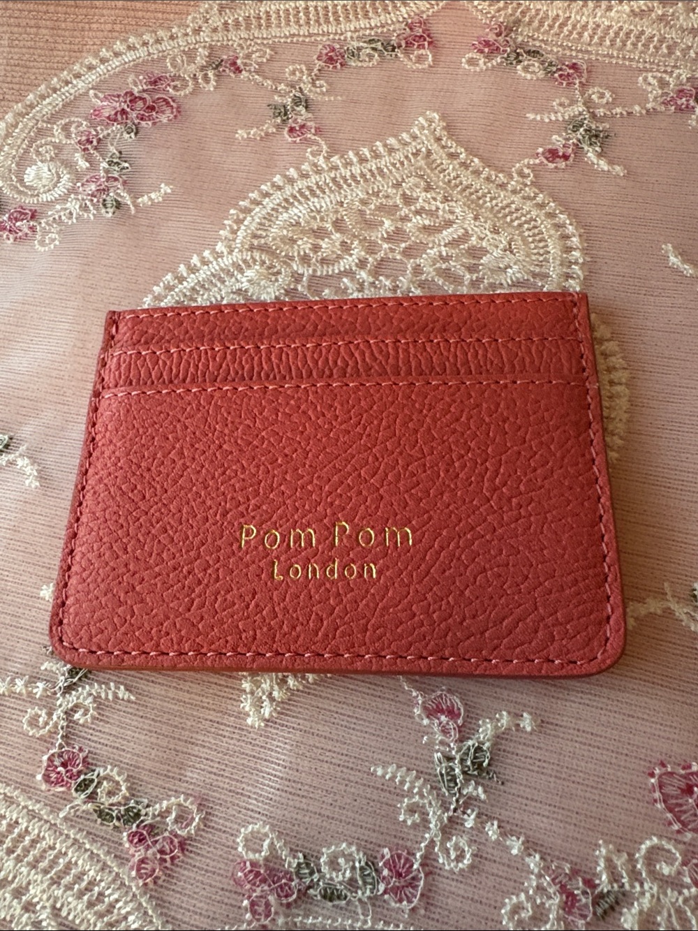 Pom Pom Coral Card Holder - Slim Leather Wallet